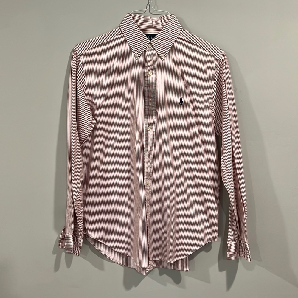 Polo Ralph Lauren Button Down Shirt White with Dark Red Pin Stripes 15.5 34/35